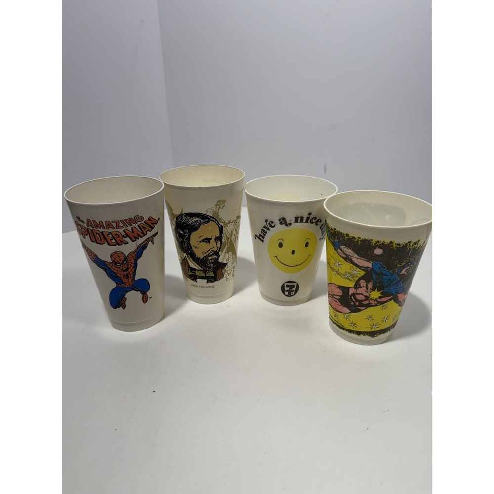 1970s 7-Eleven Misc Promo Slurpee Cups Lot of 4 Spider-Man Captain Marvel & More